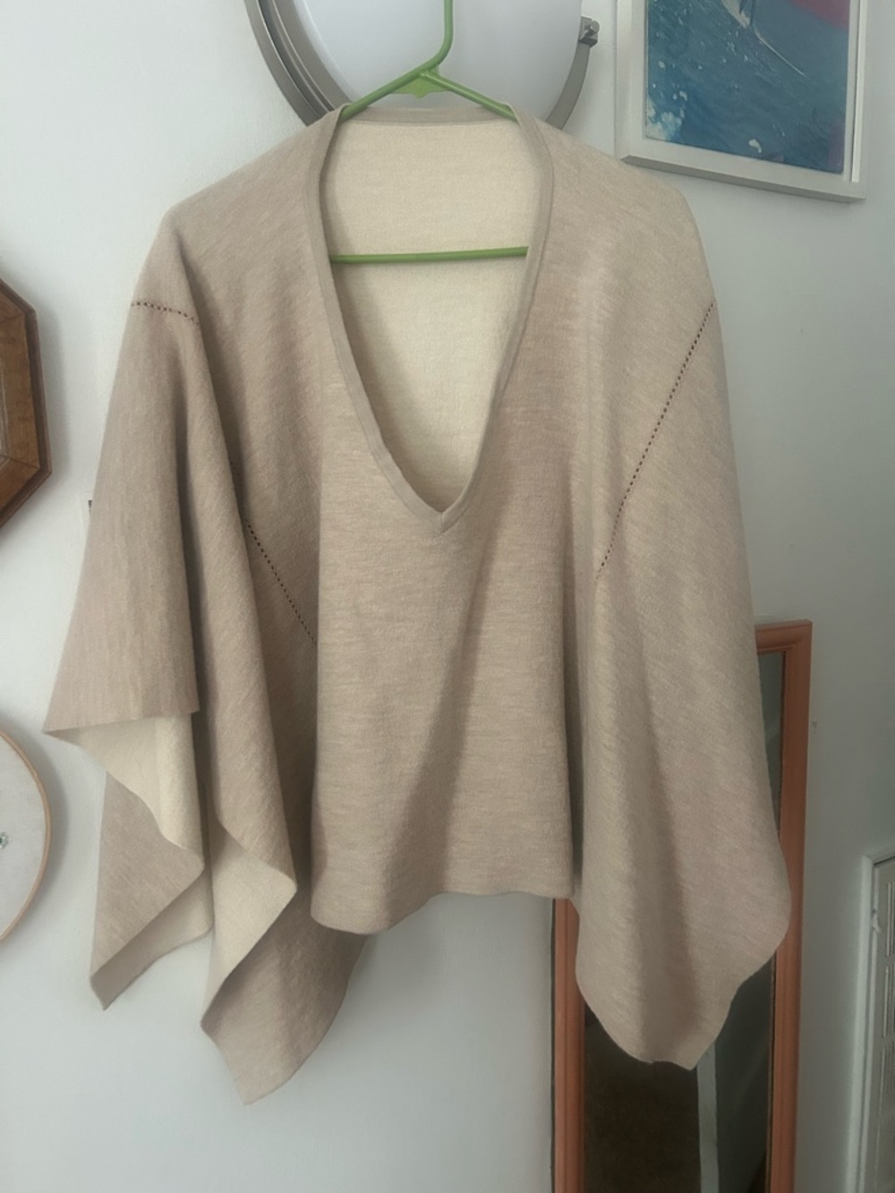 Beige V-Neck Women's Sweater Poncho